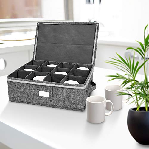 popoly Mug Storage Box with dividers, China Coffee Cup Storage Containers with Zipper Lid and Rivet Reinforced Handles, Holds 12 Coffee Mugs and Tea Cups, Structured Top and Stackable (Grey) - Image 5