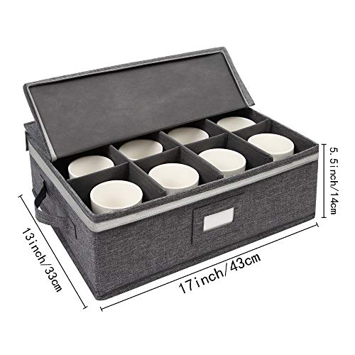 popoly Mug Storage Box with dividers, China Coffee Cup Storage Containers with Zipper Lid and Rivet Reinforced Handles, Holds 12 Coffee Mugs and Tea Cups, Structured Top and Stackable (Grey) - Image 3