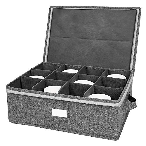 popoly Mug Storage Box with dividers, China Coffee Cup Storage Containers with Zipper Lid and Rivet Reinforced Handles, Holds 12 Coffee Mugs and Tea Cups, Structured Top and Stackable (Grey) - Image 1