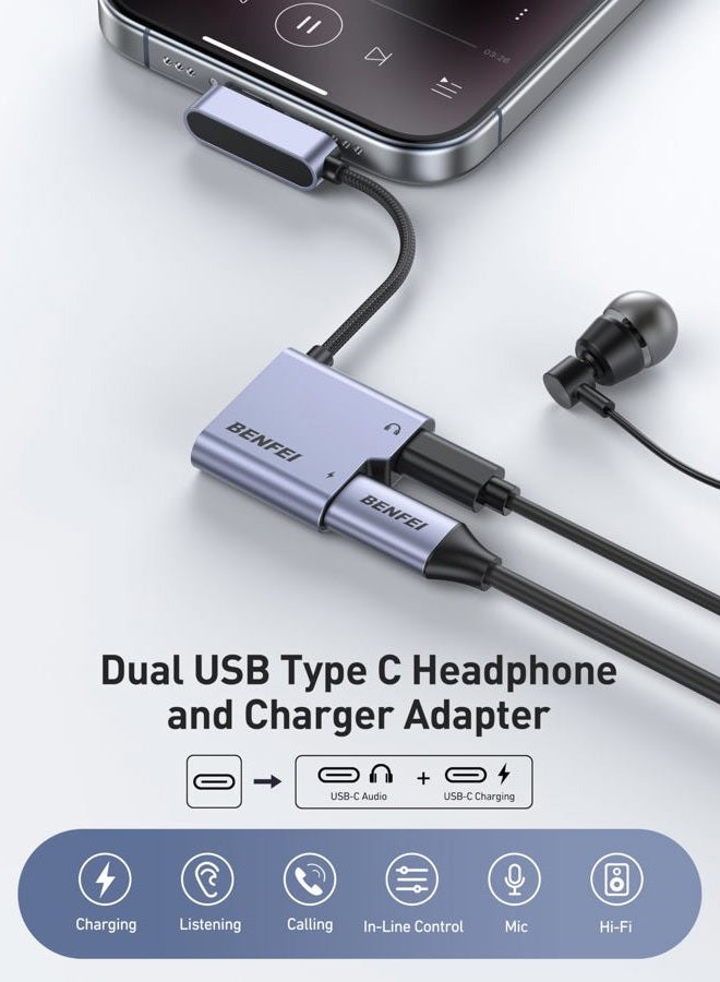 Benfei مقسم USB C 1 في 2 مخرج مزدوج مع مقبس صوت USB C مع شحن سريع 60W، سماعة رأس صوتية من نوع C متوافقة مع iPhone 16/16 Pro/Pro Max، Samsung Galaxy S25/S24/S23 iPad Pro، Pixel 9 - Image 2