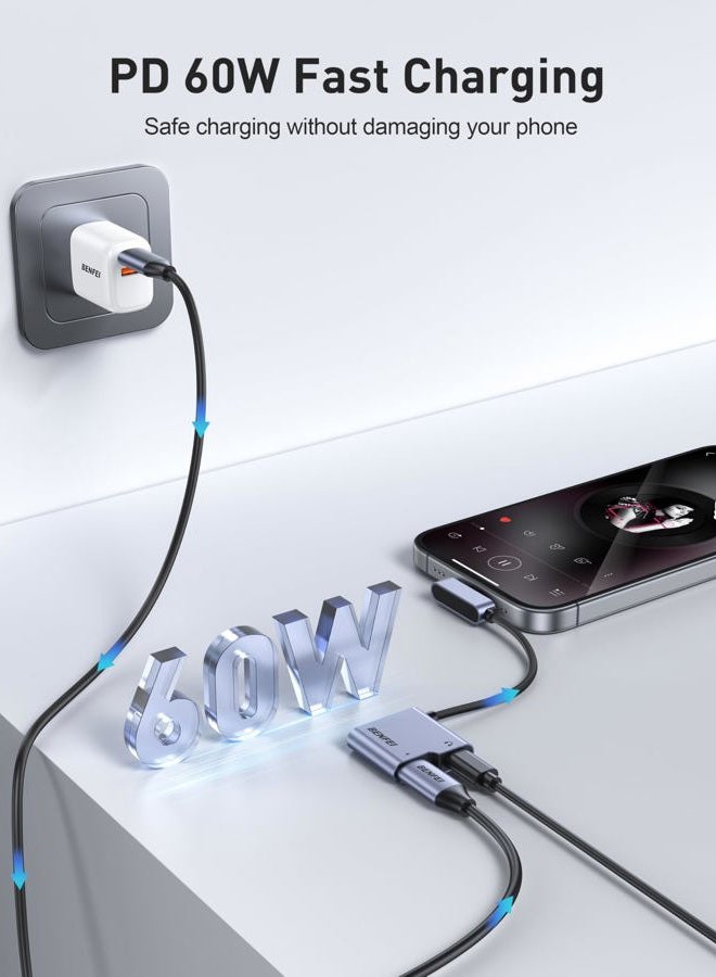 Benfei مقسم USB C 1 في 2 مخرج مزدوج مع مقبس صوت USB C مع شحن سريع 60W، سماعة رأس صوتية من نوع C متوافقة مع iPhone 16/16 Pro/Pro Max، Samsung Galaxy S25/S24/S23 iPad Pro، Pixel 9 - Image 4