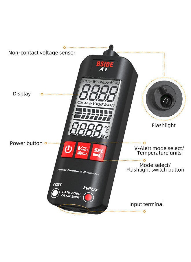 BSIDE A1 Mini Multimeter LCD Digital Tester Voltage Detector 2000 Counts DC/AC Voltage Frequency Resistance NCV Continuity Live Wire Neutral Wire Check True RMS Meter