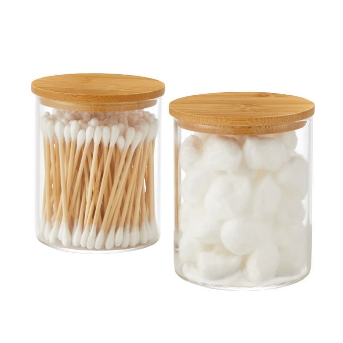 GLASS QTIP HOLDER DISPENSER WITH BAMBOO LID 2 PACK APOTHECARY JARS COTTON BALLS PADS SWABS HOLDER JAR BATHROOM VANITY CANISTERS JARS FOR COUNTERTOP STORAGE AND ORGANIZATION