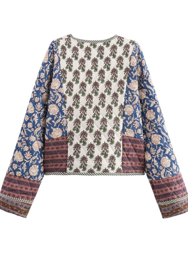 Flygo Women Cropped Puffer Jacket Cardigan Floral Printed Quilted Coats Lightweight Open Front Crop Padded Down Jackets, 01 Blue, XL - Image 3