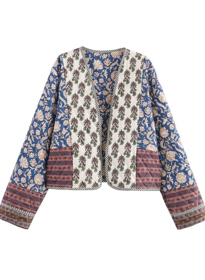 Flygo Women Cropped Puffer Jacket Cardigan Floral Printed Quilted Coats Lightweight Open Front Crop Padded Down Jackets, 01 Blue, XL - Image 1