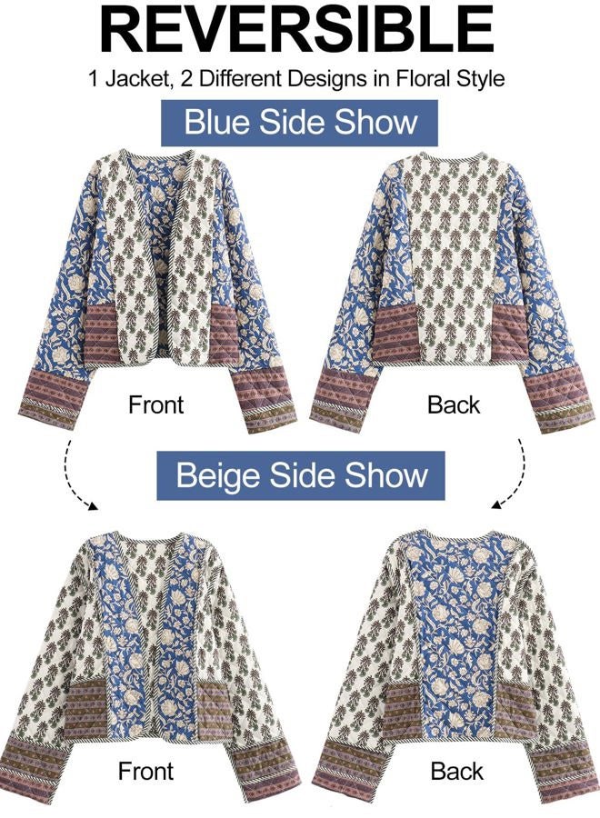 Flygo Women Cropped Puffer Jacket Cardigan Floral Printed Quilted Coats Lightweight Open Front Crop Padded Down Jackets, 01 Blue, XL - Image 4