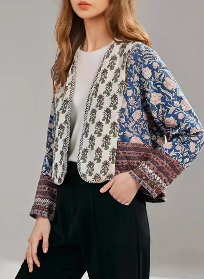 Flygo Women Cropped Puffer Jacket Cardigan Floral Printed Quilted Coats Lightweight Open Front Crop Padded Down Jackets, 01 Blue, XL - Image 2