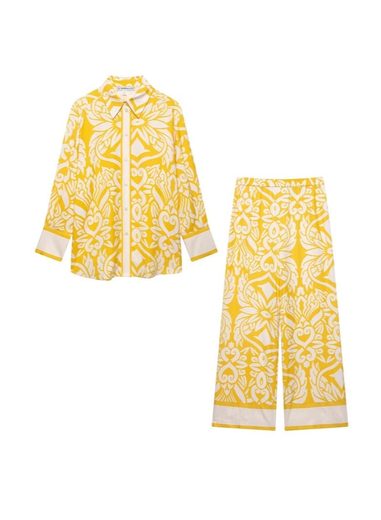 Shougu Collar Long Sleeved Shirt With Yellow Printed Pants Set  - Image 1