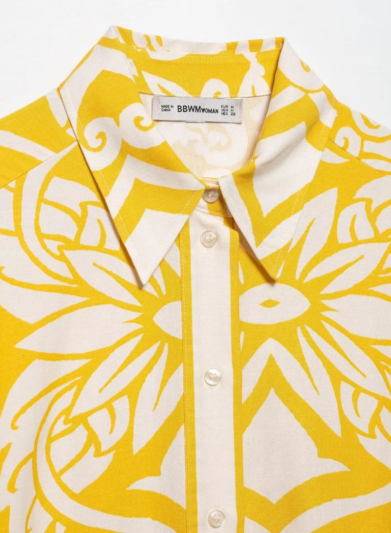 Shougu Collar Long Sleeved Shirt With Yellow Printed Pants Set  - Image 2