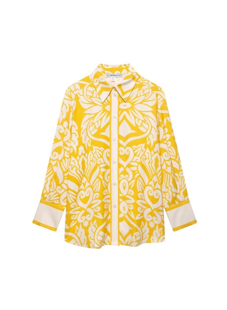 Shougu Collar Long Sleeved Shirt With Yellow Printed Pants Set  - Image 3