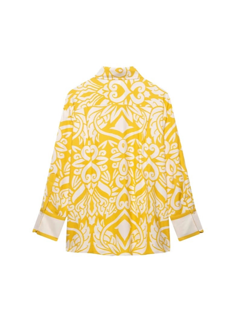Shougu Collar Long Sleeved Shirt With Yellow Printed Pants Set  - Image 4