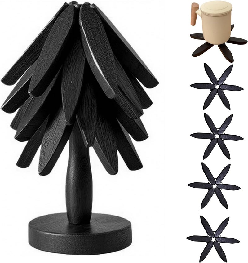 QIYLQE Natural Foldable Black Walnut Wooden Trivet Set - 4 Trivets + 1 Stand for Hot Dishes, Pot, Bowl, Teapot, Hot Pot Holders (Black) - Image 1