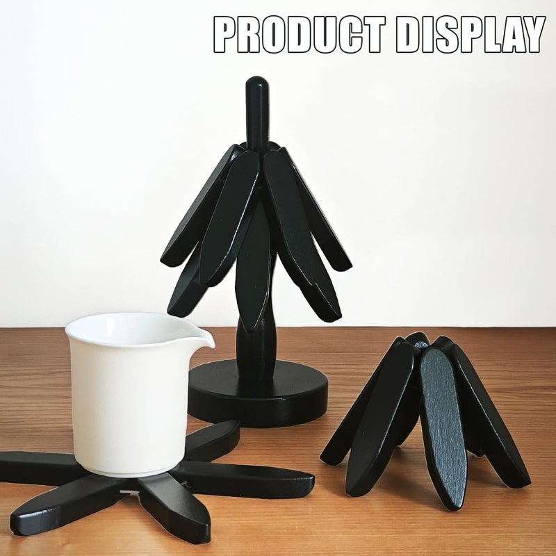 QIYLQE Natural Foldable Black Walnut Wooden Trivet Set - 4 Trivets + 1 Stand for Hot Dishes, Pot, Bowl, Teapot, Hot Pot Holders (Black) - Image 5