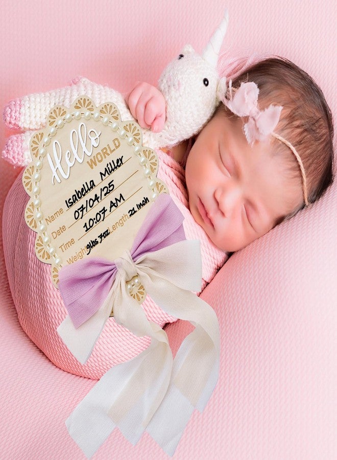 Wonhibo Pearl & Bow Newborn Announcement Sign - Baby Hospital Photo Prop Wooden Name Board Card for Birth Welcome Hello World for Girls - Image 3