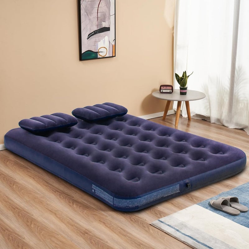 Lightweight Inflatable Air Mattress, 191 * 137 * 22cm Portable Camping Air Bed Comfort Dual-Surface Airbed, Portable Air Bed for Camping, Home & Travel, Flocked Airbed, Blue - Image 2
