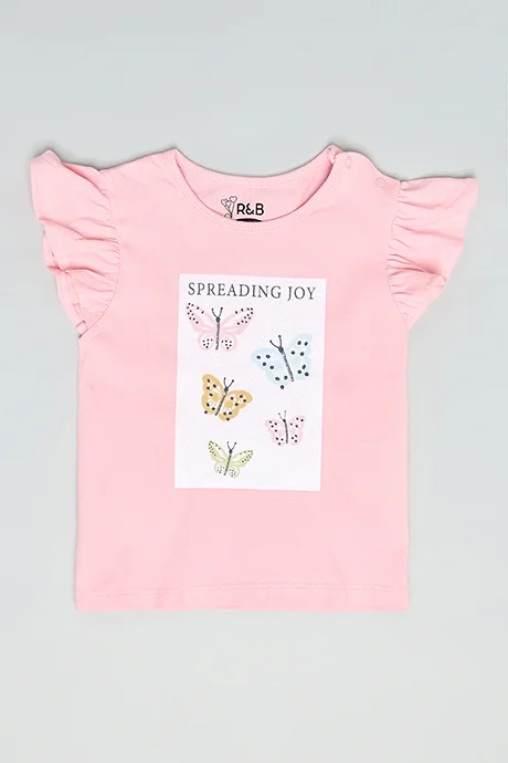 أر أند بي Butterfly Print Top with Crew Neck and Flutter Sleeves