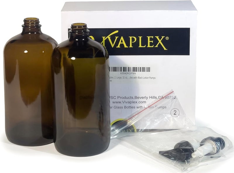 Vivaplex زجاجات فيفابلكس الكبيرة 32 أونصة فارغة من الزجاج الكهرماني مع مضخات لوشن سوداء - Image 3