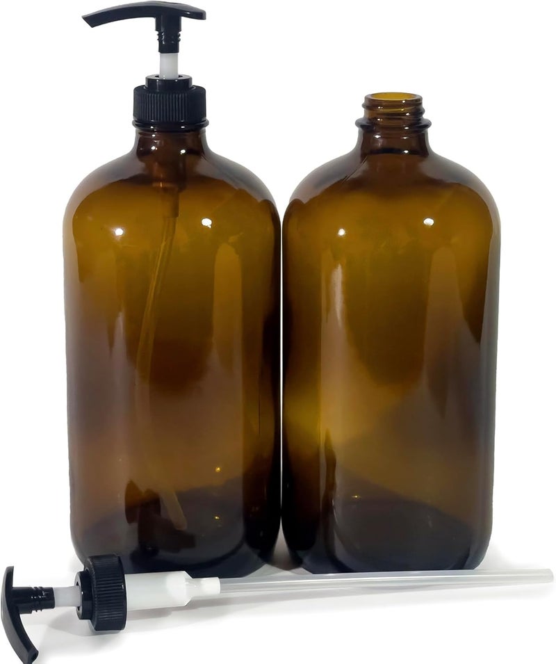 Vivaplex زجاجات فيفابلكس الكبيرة 32 أونصة فارغة من الزجاج الكهرماني مع مضخات لوشن سوداء - Image 5