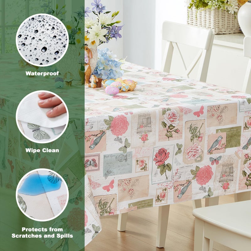 Newbridge Spring and Easter Vinyl Square Tablecloth, 52 x 52 Inch, Bella Rose and Bird Postcard Print Flannel Backed Table Cloth, Vintage Pink Floral - Image 3
