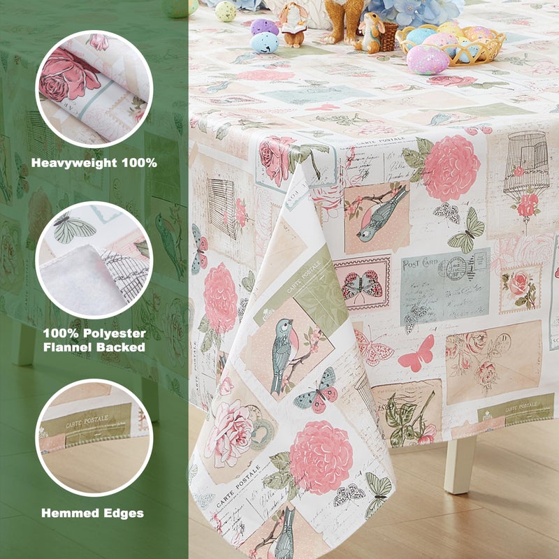 Newbridge Spring and Easter Vinyl Square Tablecloth, 52 x 52 Inch, Bella Rose and Bird Postcard Print Flannel Backed Table Cloth, Vintage Pink Floral - Image 4