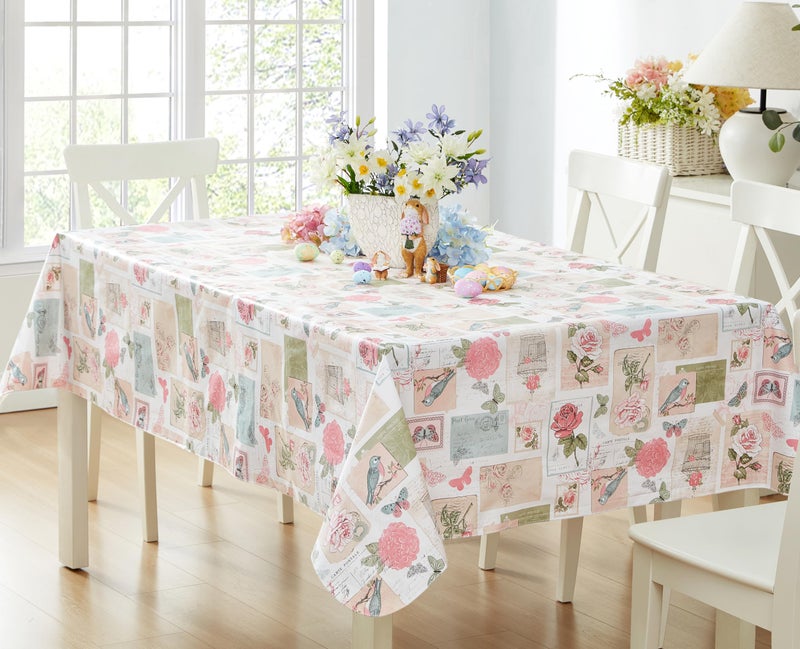 Newbridge Spring and Easter Vinyl Square Tablecloth, 52 x 52 Inch, Bella Rose and Bird Postcard Print Flannel Backed Table Cloth, Vintage Pink Floral - Image 1