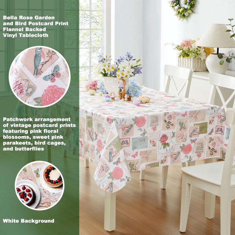 Newbridge Spring and Easter Vinyl Square Tablecloth, 52 x 52 Inch, Bella Rose and Bird Postcard Print Flannel Backed Table Cloth, Vintage Pink Floral - Image 2