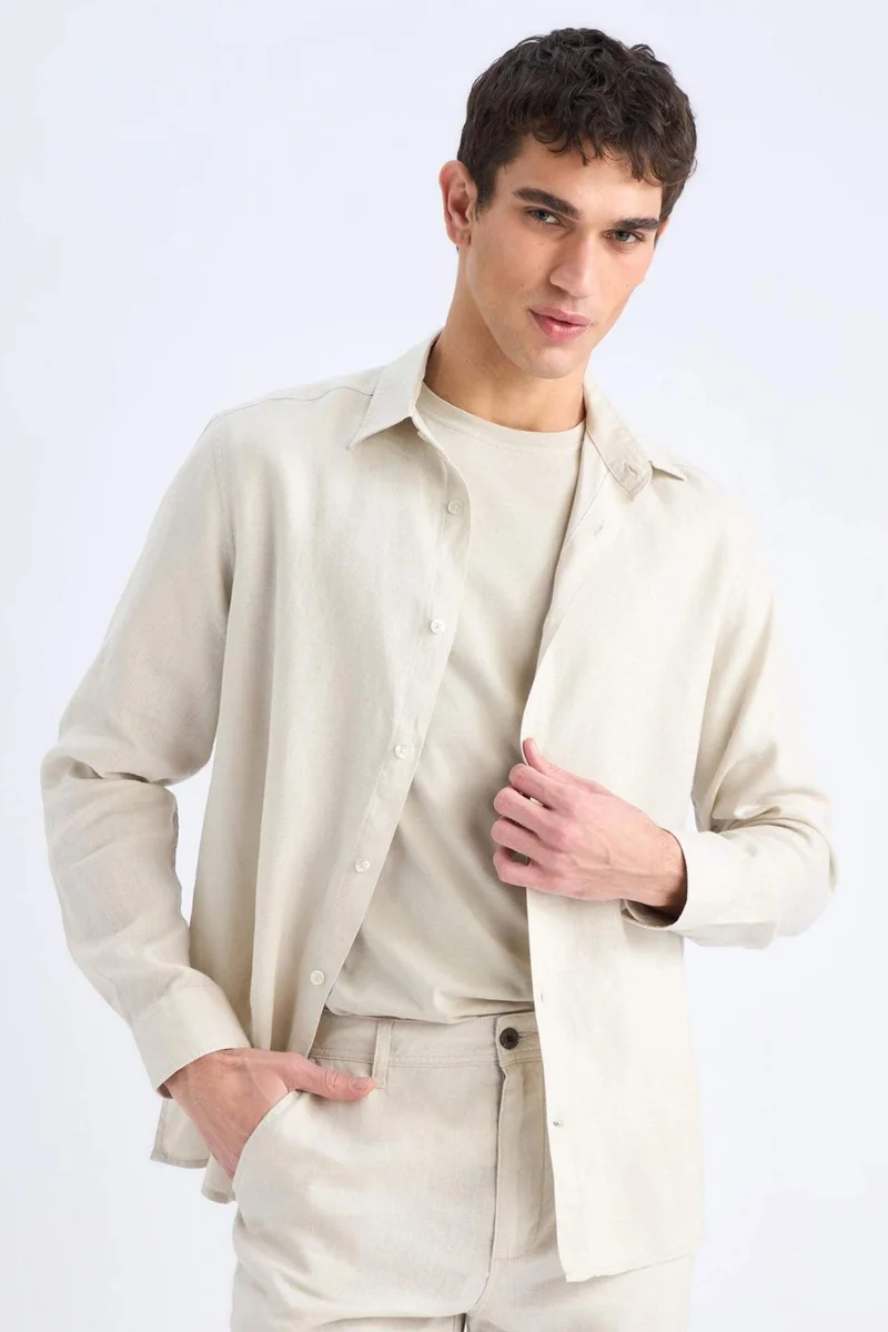 ديفاكتو 100% Linen Regular Fit Polo Collar Shirt