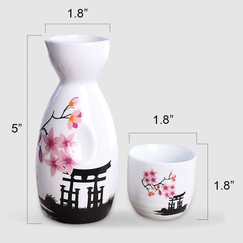 Tosnail Tosnail 5 Pieces Ceramic Japanese Sake Set, 1 Serving Carafe and 4 Cups - Pink Sakura  - Image 3