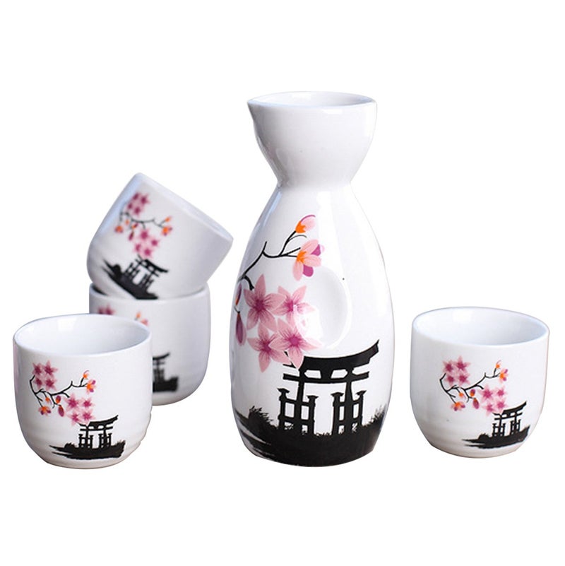 Tosnail Tosnail 5 Pieces Ceramic Japanese Sake Set, 1 Serving Carafe and 4 Cups - Pink Sakura  - Image 1