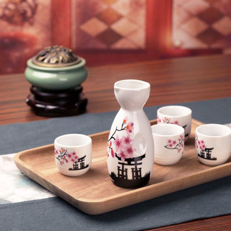 Tosnail Tosnail 5 Pieces Ceramic Japanese Sake Set, 1 Serving Carafe and 4 Cups - Pink Sakura  - Image 2