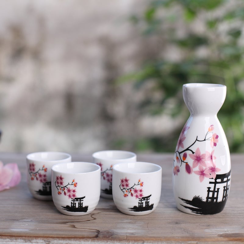Tosnail Tosnail 5 Pieces Ceramic Japanese Sake Set, 1 Serving Carafe and 4 Cups - Pink Sakura  - Image 4