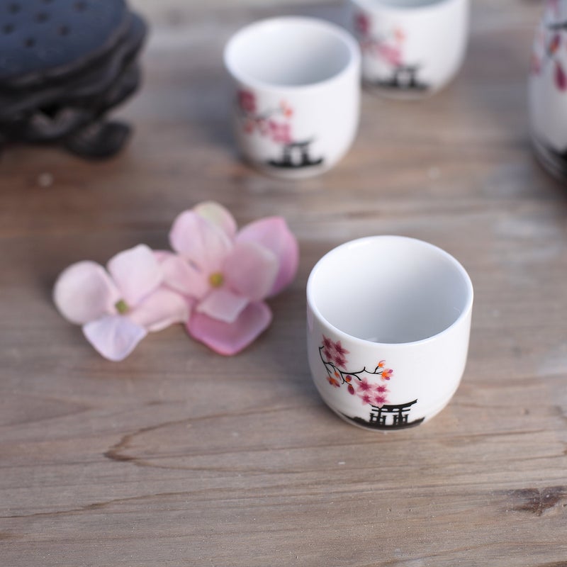 Tosnail Tosnail 5 Pieces Ceramic Japanese Sake Set, 1 Serving Carafe and 4 Cups - Pink Sakura  - Image 5