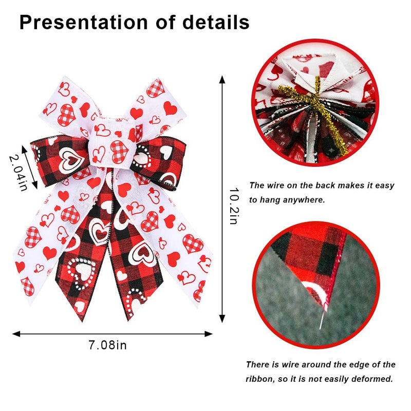 Hying 4 PCS Valentine's Day Bows for Wreath, Valentines Heart Wreath Bow Black Red Buffalo Plaid Bows White Burlap Gift Bows for Front Door Wall Valentines Wedding Party Decorations - Image 2