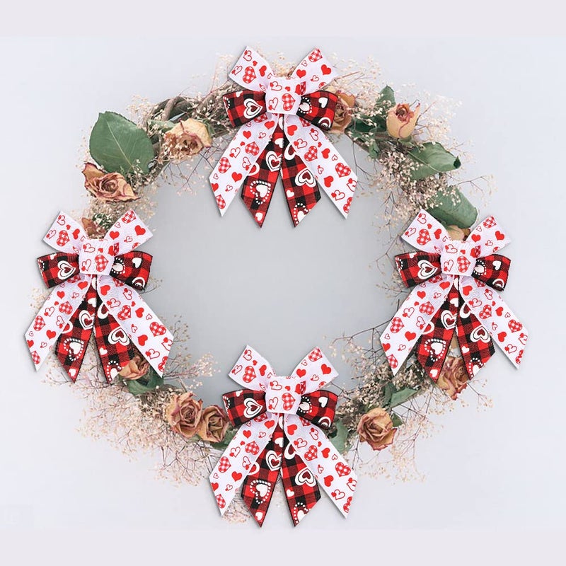 Hying 4 PCS Valentine's Day Bows for Wreath, Valentines Heart Wreath Bow Black Red Buffalo Plaid Bows White Burlap Gift Bows for Front Door Wall Valentines Wedding Party Decorations - Image 3