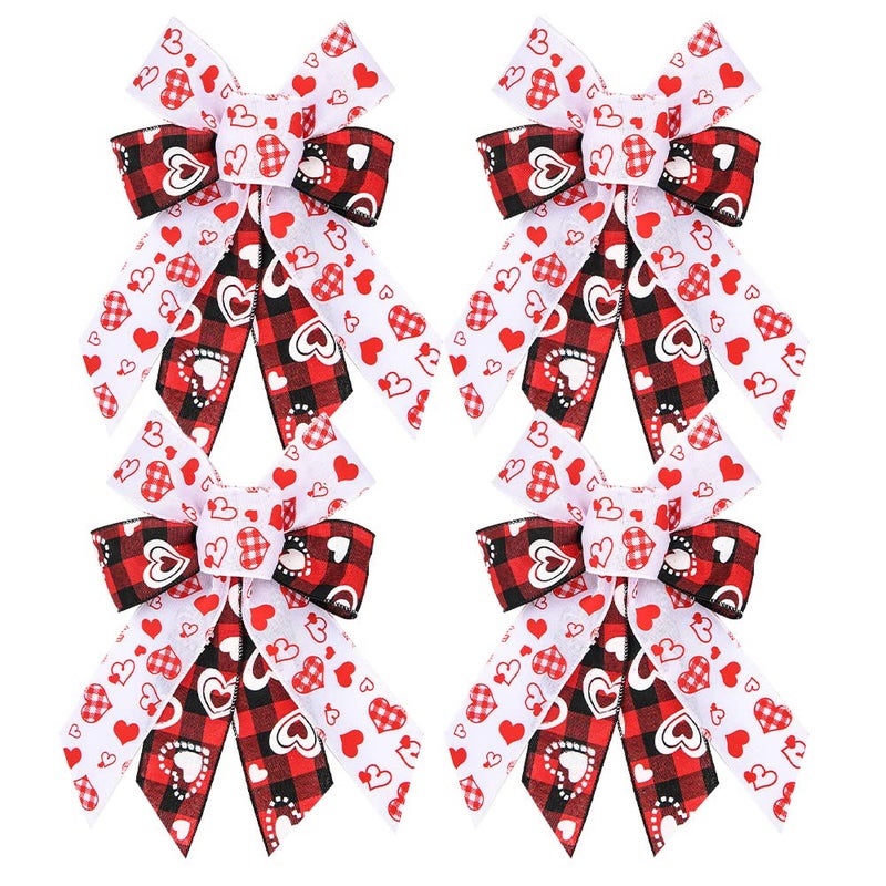 Hying 4 PCS Valentine's Day Bows for Wreath, Valentines Heart Wreath Bow Black Red Buffalo Plaid Bows White Burlap Gift Bows for Front Door Wall Valentines Wedding Party Decorations - Image 1