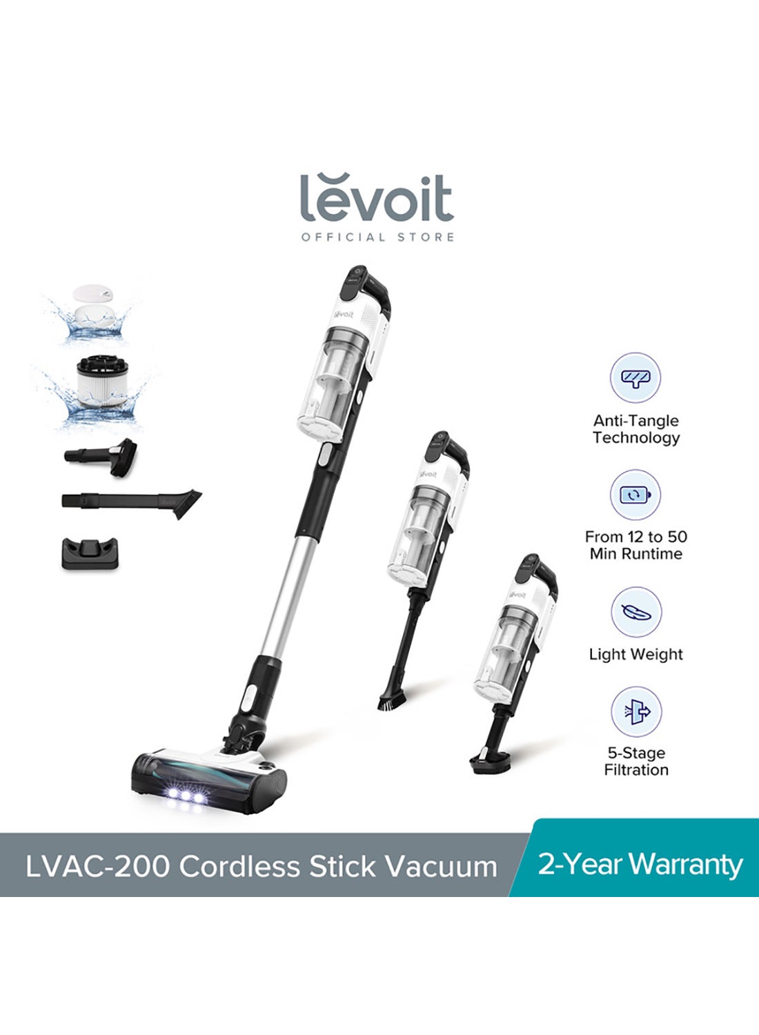 LVAC-200 Cordless Vacuum Cleaner with Anti Hair Wrap, Pet Hair Nozzle, Up to 50 Mins, 4 in 1 Vacuum Cleaner with over 99.9% Filtration Performance 180.0 W LSV-V201-WUK-V2 White/Black