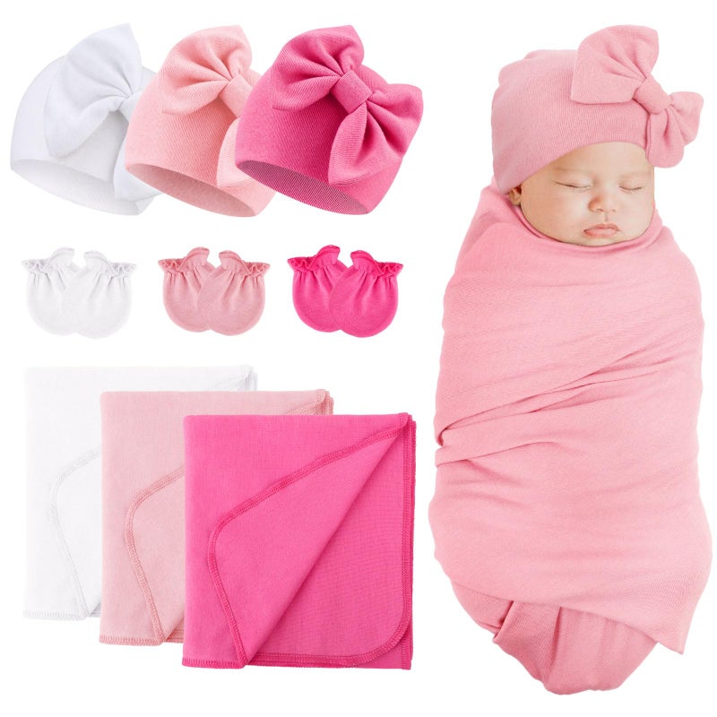 DRESHOW BQUBO Newborn Receiving Blankets Cotton Warm Sleepsack with Mittens Bow Hats Hospital Baby Swaddling Shower Gift - Image 2