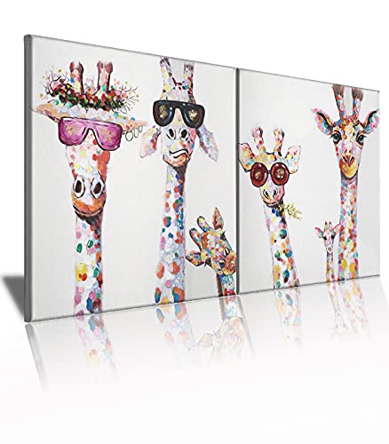 AKOTAC Funny Animal Canvas Wall Art Decor Lovely Giraffes Family Cartoons Painting Prints Picture Framed Stretched Wall Decoration Bedroom Kids Nursery Room Gift - Image 1
