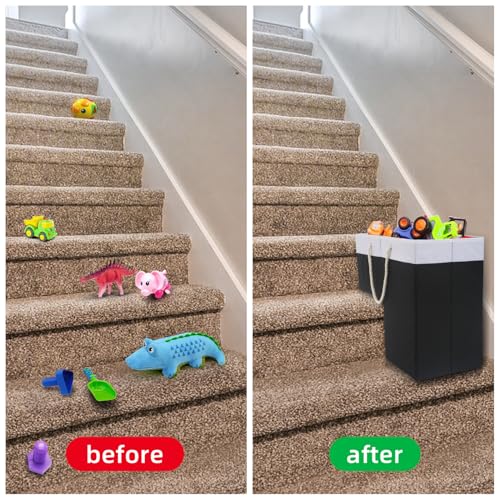 slcinwzdt Stair Basket for Stairs with Handle, Staircase Baskets for Carpeted and Wooden Stairs,16" Step Storage Basket for Toys, Clothes, Books, Tools, with Hard Board, Anti-slip (1, Black) - Image 3