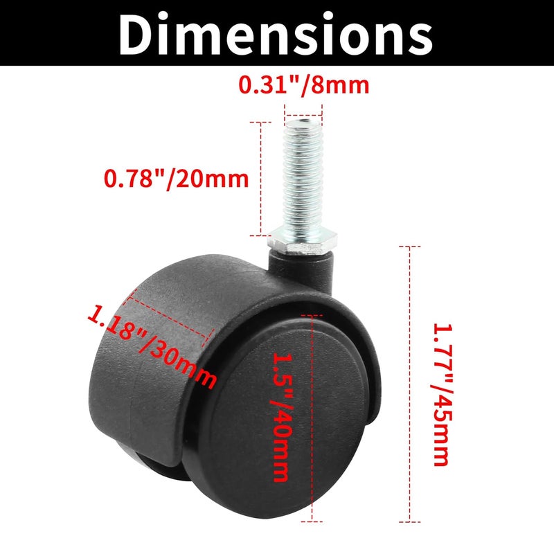 HOWDIA 1.5 Inch Swivel Caster Wheels for Cart, M8-1.25×20mm Threaded Stem Heavy Duty Casters, Nylon Wheels Replacement for Furniture, Table, Cabinet, Shelf（No Brake, 4 Pack） - Image 2