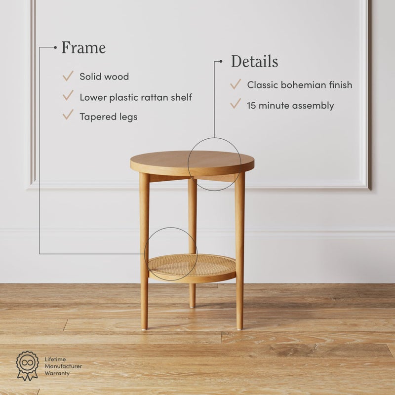 Nathan James Sonia Boho Round Accent End Table, Natural Sofa Side Table in Light Wood with Rattan Storage Shelf for Living Room, Bedroom or Nursery, Light Brown - Image 3