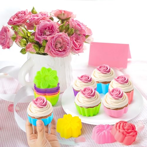 R HORSE 42 Pack Mini Silicone Cupcake Molds Multi Flower Shaped Baking Cups Non-Stick Muffin Baking Mould Washable Cupcake Cake Cup Liners Mold for Soap Dessert Pudding Donut Party Supplies - Image 4