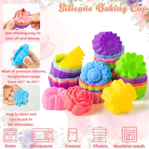 R HORSE 42 Pack Mini Silicone Cupcake Molds Multi Flower Shaped Baking Cups Non-Stick Muffin Baking Mould Washable Cupcake Cake Cup Liners Mold for Soap Dessert Pudding Donut Party Supplies - Image 3