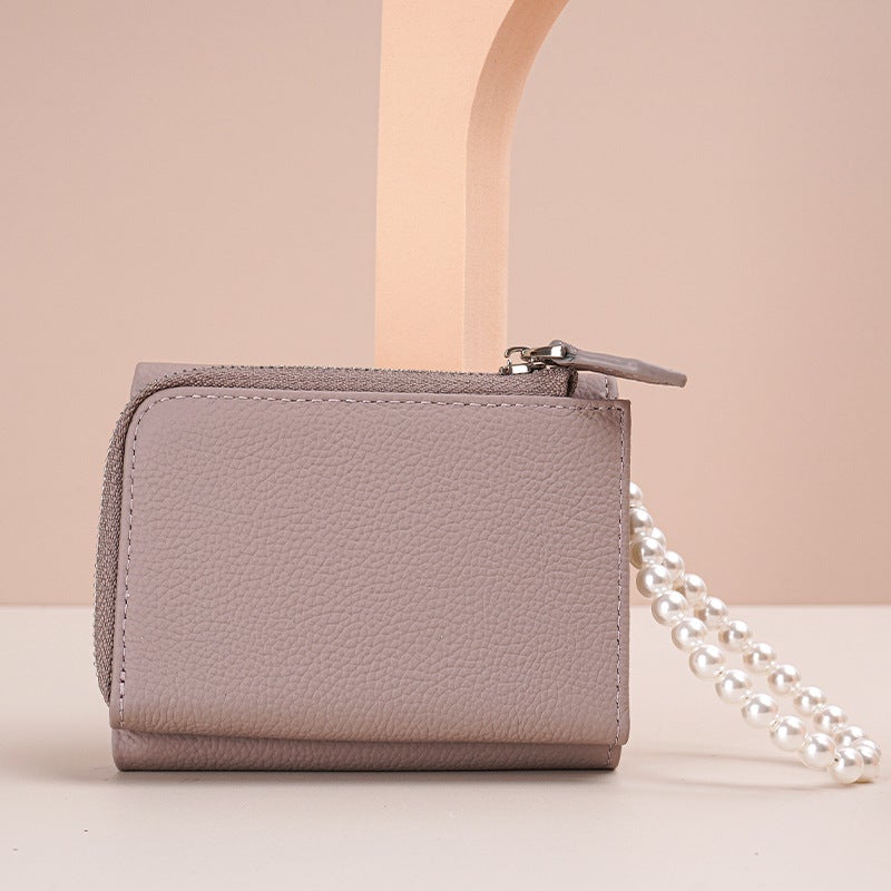 Genuine Leather Trifold Ladies Wallet with Pearl Bracelet Taro purple pink