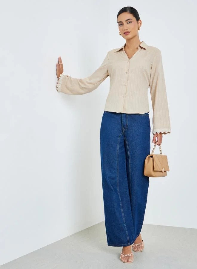 Styli Beige Lace Trim Cuff Shirt with Back Tie