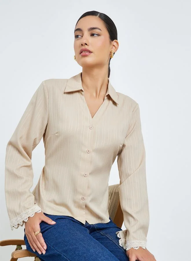 Styli Beige Lace Trim Cuff Shirt with Back Tie