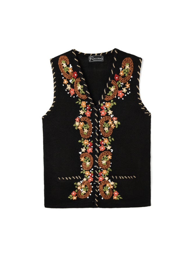 Cross-border Ethnic Mori Women's Sweater Wool Blended Hand-embroideLarge Size Ancient EmbroideV-neck Vest 3912