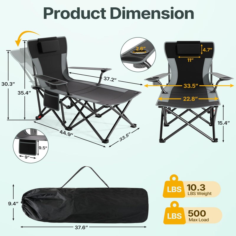 Suteck Camping Chair with Foot Rest, Lightweight Foldable Beach Chairs, Adjustable 90Â°- 140Â°Reclining Lounge Chair Heavy Duty Outdoor Chairs for Outside with Detachable Pillow & Carry Bag Black - Image 3