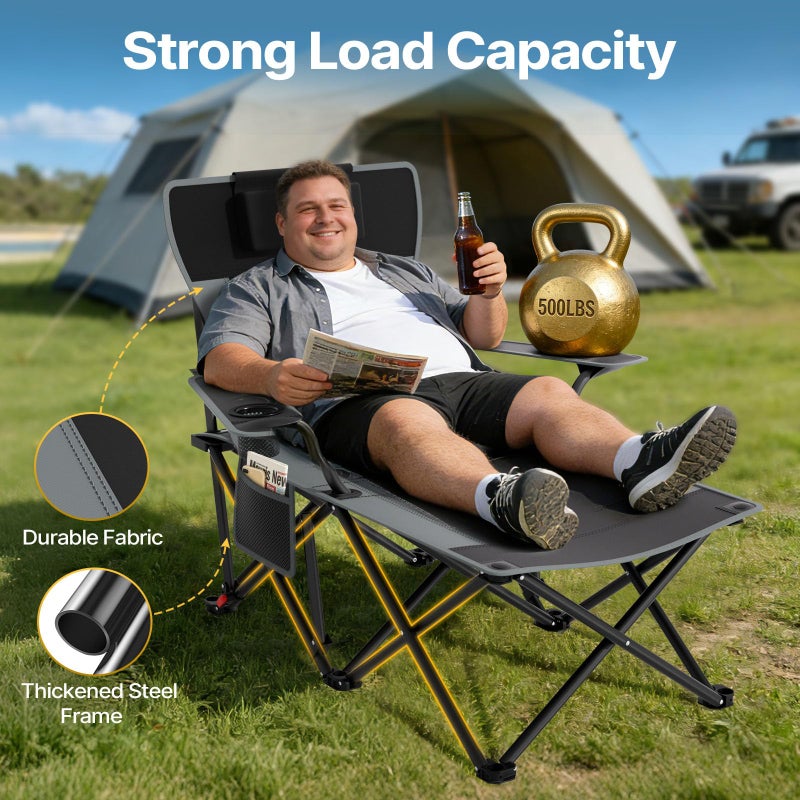 Suteck Camping Chair with Foot Rest, Lightweight Foldable Beach Chairs, Adjustable 90Â°- 140Â°Reclining Lounge Chair Heavy Duty Outdoor Chairs for Outside with Detachable Pillow & Carry Bag Black - Image 2