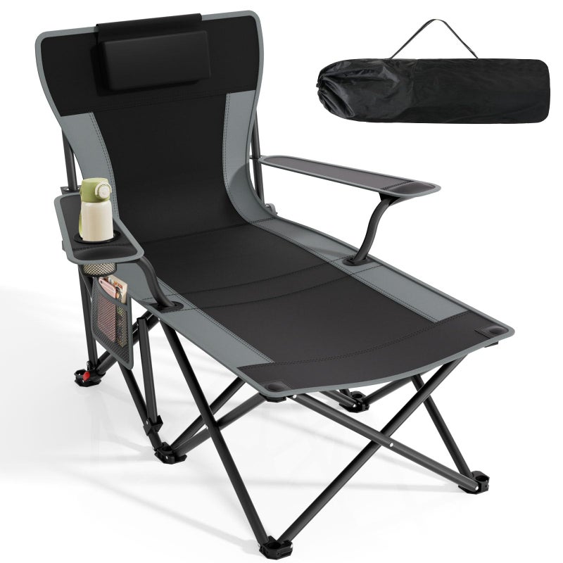 Suteck Camping Chair with Foot Rest, Lightweight Foldable Beach Chairs, Adjustable 90Â°- 140Â°Reclining Lounge Chair Heavy Duty Outdoor Chairs for Outside with Detachable Pillow & Carry Bag Black - Image 1